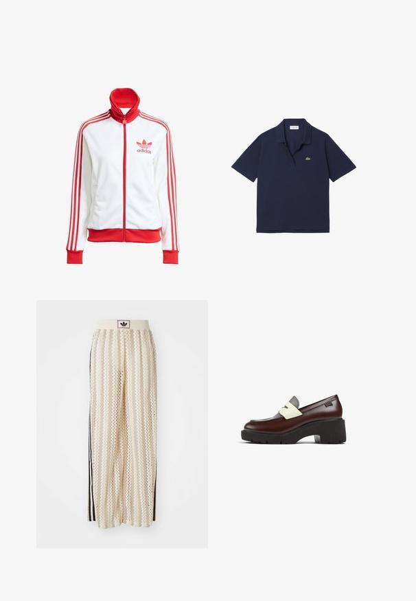 Chaqueta de pista blanca con acentos rojos, cremallera completa, alta, tres franjas rojas en las mangas y logo bordado en rojo de Adidas en el pecho.; Polo de color azul marino hecho de algodón, con un cuello corto, mangas cortas y un pequeño logo de cocodrilo bordado en verde en el pecho.; Pantalones de pierna ancha en color crema con un patrón en zigzag, que cuentan con una cinturilla con logo negro y franjas negras en los laterales. Tejido ligero y texturizado.; Mocasín de cuero marrón con un acento gris claro, que presenta una suela de plataforma negra gruesa y un detalle de logo metálico cerca del talón.
