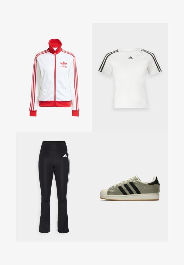 Witte sportjack met rode accenten, volledige rits, hoge kraag, drie rode strepen op de mouwen en geborduurd rood Adidas-logo op de borst.; Witte sport shirt met korte mouwen, voorzien van een zwart driekleurig ontwerp op de schouders, een gladde textuur en een klein zwart adidas-logo op de borst.; Zwarte sportbroek met een hoge tailleband, uitlopende pijpen en witte zijstrips. Heeft het Adidas-logo op de linker dij.; Adidas sneakers met een metallic olijfkleurige bovenkant, drie zwarte strepen, rubberen neuskap en een gum outsole. Klassiek ontwerp met een gestructureerde stof.