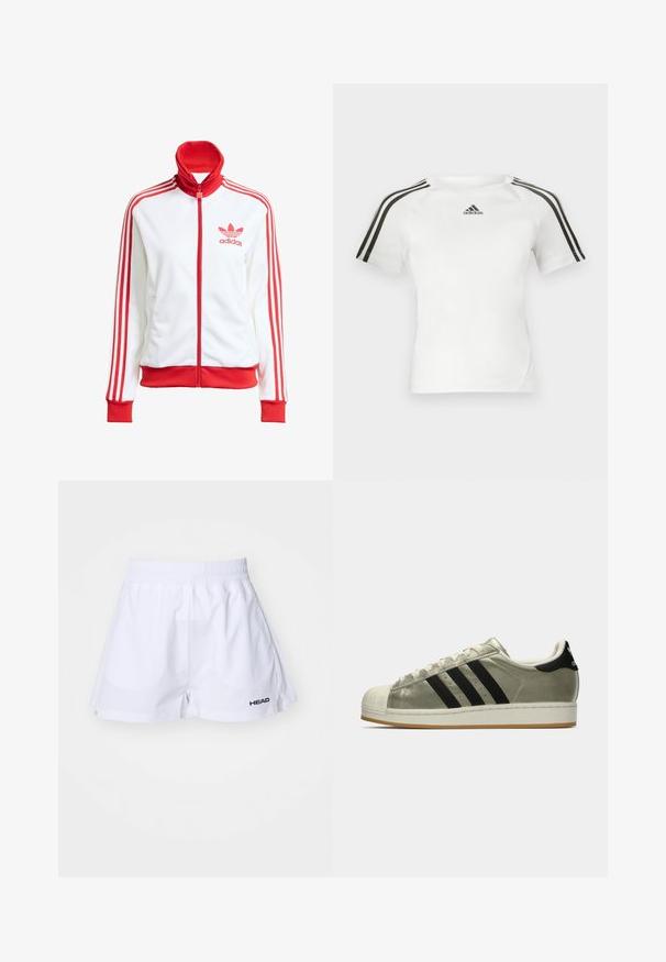 Valkoinen ajotakki punaisilla yksityiskohdilla, täysi vetoketju, korkea kaulus, kolme punaista raitaa hihoissa ja brodeerattu punainen Adidas-logo rintapielessä.; Valkoinen lyhythihainen urheilupaita, jossa musta kolmi-nauha design olkapäillä, sileä pinta ja pieni musta adidas-logo rinnassa.; Valkoiset urheilushortsit, joissa on joustava vyötärö, sivuhalkiot ja musta "HEAD" -logo vasemmassa lahkeessa. Sileä puuvillakangas.; Adidas-tennarit metallinhopeapintaisella päällisellä, jossa on kolme mustaa raitaa, kuminen varvaskuppi ja kumipohja. Klassinen muotoilu, jossa on teksturoitu kangas.