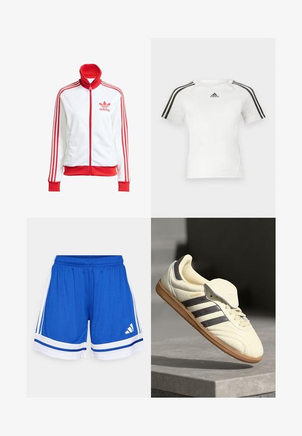 Bijela sportska jakna s crvenim detaljima, puna zatvarač, visoki ovratnik, tri crvene pruge na rukavima i vezeni crveni Adidas logo na prsima.; Bijela atletska majica kratkih rukava s crnim trostrukim dizajnom na ramenima, glatke teksture i malim crnim adidas logom na prsima.; Plave atletske kratke hlače s elastičnim pojasom, bijelim naglasima i dvije bočne bijele pruge. Napravljene od glatkog, laganog materijala.; Kremaste kožne tenisice s tri tamne pruge, smešnim gumiranim potplatom i zaobljenim vrhom. Imaju preklopni jezik označen s "SAMBA."