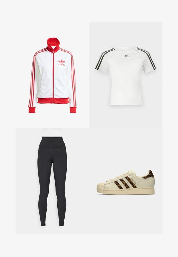 Witte sportjack met rode accenten, volledige rits, hoge kraag, drie rode strepen op de mouwen en geborduurd rood Adidas-logo op de borst.; Witte sport shirt met korte mouwen, voorzien van een zwart driekleurig ontwerp op de schouders, een gladde textuur en een klein zwart adidas-logo op de borst.; High-waisted zwarte leggings van rekbaar materiaal, met een gladde textuur en een aansluitend ontwerp, zonder zichtbare logo's of patronen.; Off-white Adidas Superstar sneaker met luipaardprint strepen en hieltab, beige rubberen shell toe en "SUPERSTAR" tekst aan de zijkant.