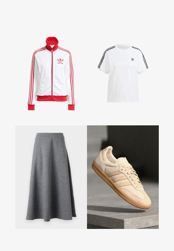 Chaqueta de pista blanca con acentos rojos, cremallera completa, alta, tres franjas rojas en las mangas y logo bordado en rojo de Adidas en el pecho.; Camiseta de algodón blanca con mangas cortas, cuello redondo y rayas verticales negras en los hombros, con un pequeño logo negro en el pecho.; Falda gris, hasta las rodillas, hecha de un material suave y elástico, con un diseño acampanado y una cinturilla elástica para mayor comodidad.; Zapatillas de ante beige claro con suela de goma, tres rayas diagonales y una puntera texturizada. Presenta el logo en la lengüeta y en el lateral.