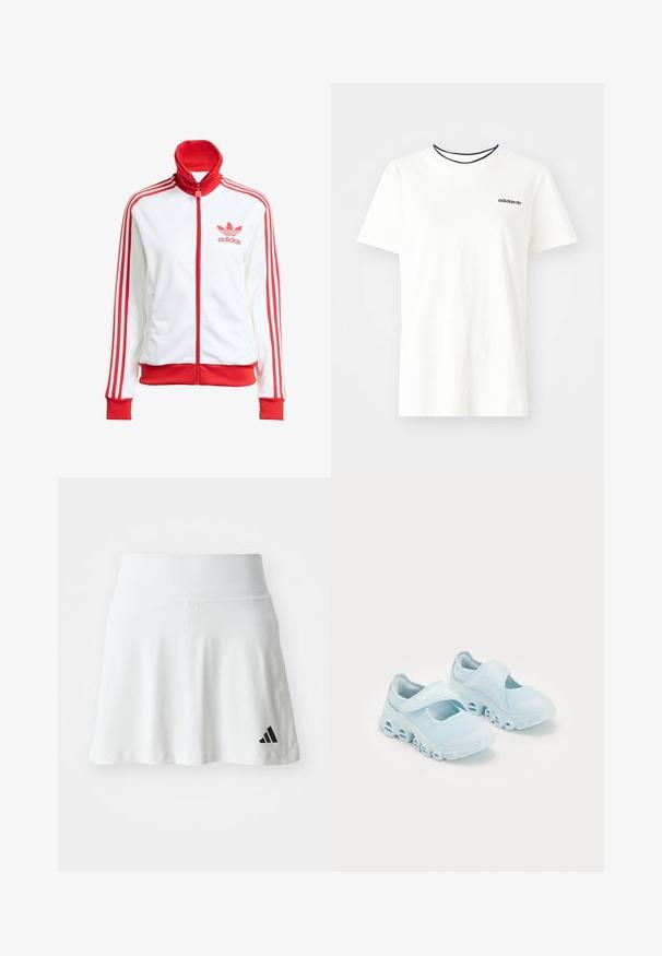 Witte sportjack met rode accenten, volledige rits, hoge kraag, drie rode strepen op de mouwen en geborduurd rood Adidas-logo op de borst.; Witte katoenen t-shirt met korte mouwen en een ronde halslijn. Heeft een zwart Adidas-logo op de borst en een contrasterende zwarte binnenkraag.; Witte sportrok met een zachte textuur, een uitlopende vorm en een zwart Adidas-logo op de linkeronderzijde. Gladde, elastische tailleband.; Lichtblauwe sneakers met mesh-stof, opvallende uitsparingen in de zool en een klittenbandsluiting bovenop voor een stevige pasvorm.