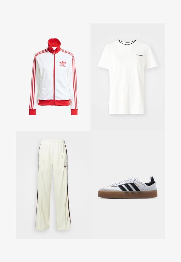 Vit track jacket med röda accenter, hel dragkedja, hög krage, tre röda ränder på ärmarna och broderad röd Adidas-logotyp på bröstet.; Vit bomullströja med korta ärmar och rund halsringning. Har en svart Adidas-logotyp på bröstet och en kontrasterande svart innerkrage.; Krämfärgade sweatpants med avslappnad passform, som har mörkbruna sidosträck och en broderad logotyp på vänster lår.; Vita läderskor med svarta ränder, sula av gummigummi, rund tå, snörning och mjuk grå mocka vid tån.
