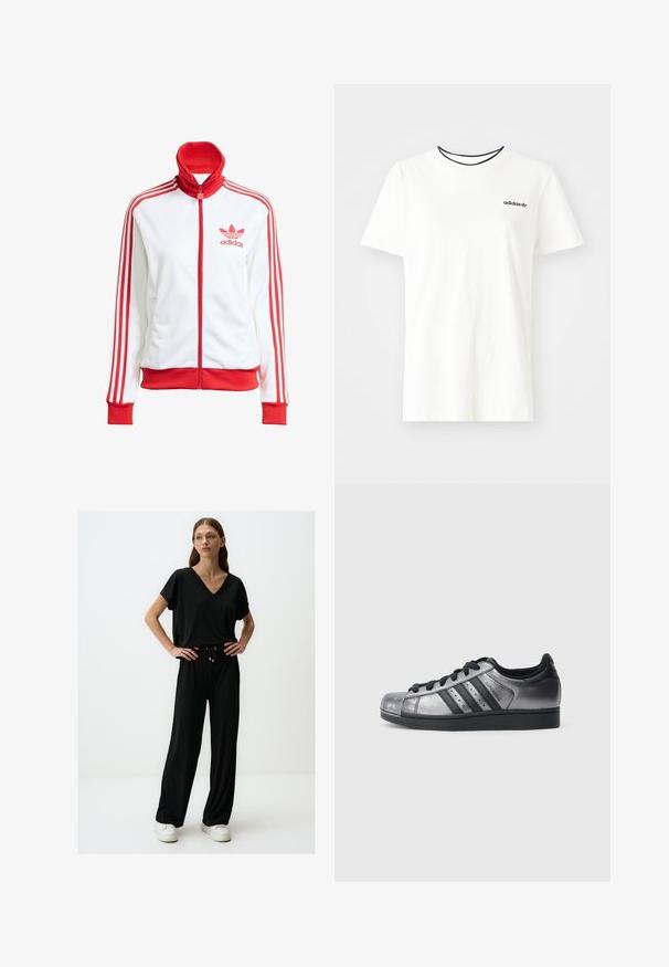 Biała kurtka sportowa z czerwonymi akcentami, na zamek błyskawiczny, wysoki kołnierz, trzy czerwone paski na rękawach oraz haftowane czerwone logo Adidas na piersi.; Biała bawełniana koszulka z krótkim rękawem i okrągłym dekoltem. Ma czarne logo Adidas na piersi oraz kontrastowy czarny wewnętrzny kołnierzyk.; Czarny dwuczęściowy zestaw składający się z bluzki z krótkim rękawem i dekoltem w serek oraz szerokich spodni z elastyczną talią i sznurkiem do regulacji. Miękka tkanina.; Czarne i metaliczno-srebrne buty sportowe z zaokrąglonym noskiem, trzema czarnymi paskami i teksturowaną cholewką. Czarne sznurówki i gumowa podeszwa.