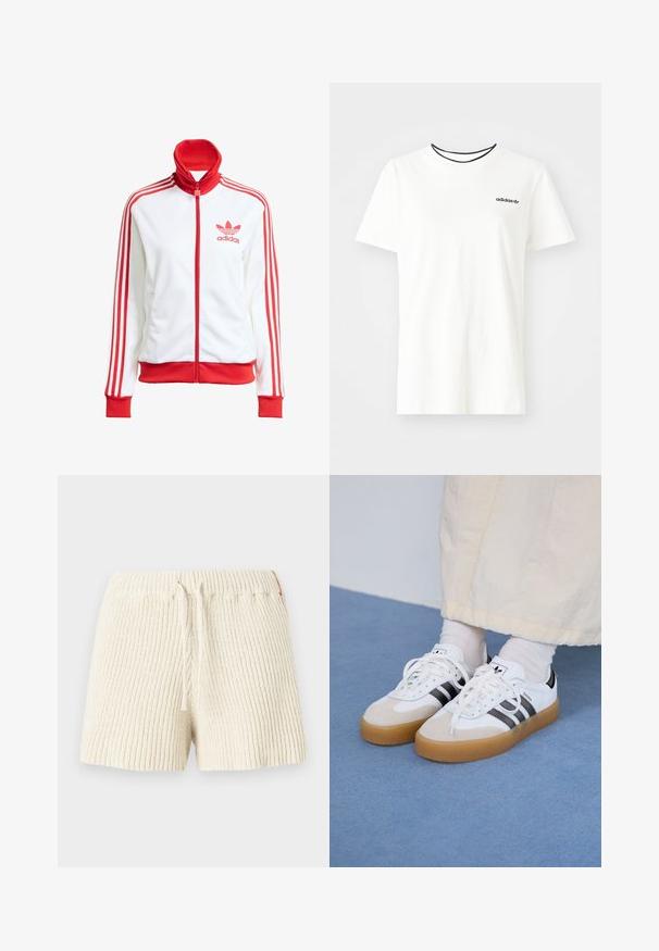 Witte sportjack met rode accenten, volledige rits, hoge kraag, drie rode strepen op de mouwen en geborduurd rood Adidas-logo op de borst.; Witte katoenen t-shirt met korte mouwen en een ronde halslijn. Heeft een zwart Adidas-logo op de borst en een contrasterende zwarte binnenkraag.; Crème kleurige gebreide shorts met een ribbeltextuur, een elastische tailleband en een trekkoord. Bevat een klein accentlabel aan de zijkant.; Witte sneakers met zwarte strepen en beige suède accenten. Voorzien van een gestructureerde gumzool en platte witte veters, gedragen met lichtgekleurde sokken.