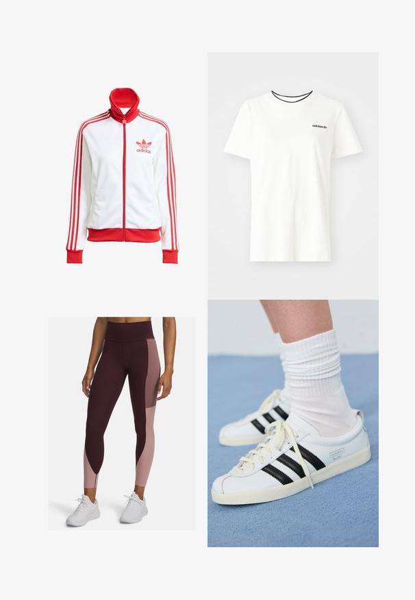 Chaqueta de pista blanca con acentos rojos, cremallera completa, alta, tres franjas rojas en las mangas y logo bordado en rojo de Adidas en el pecho.; Camiseta de algodón blanca con manga corta y escote redondo. Presenta un logo negro de Adidas en el pecho y un cuello interior negro en contraste.; Leggings de tiro alto en burdeos oscuro y rosa suave, con un diseño a bloques de color y una textura suave, combinados con zapatillas deportivas blancas.; Zapatillas de cuero blancas con rayas negras, suela crema y cordones claros. Llevadas con calcetines blancos acanalados, situadas sobre un fondo azul.