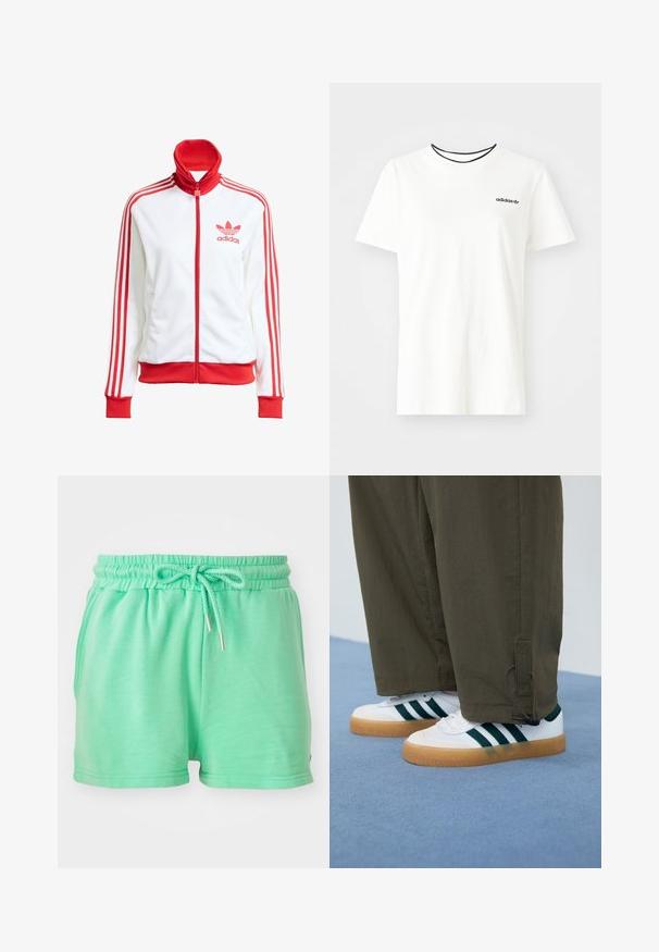 White track jacket with red accents, full zip, high collar, three red stripes on sleeves, and embroidered red Adidas logo on the chest.; White cotton t-shirt with short sleeves and a round neckline. Features a black Adidas logo on the chest and a contrasting black inner collar.; Mint green shorts made of soft material, featuring an elastic waistband with adjustable drawstring and side pockets.; White sneakers with green stripes, gum rubber soles, paired with olive green, tapered pants featuring ankle toggles.