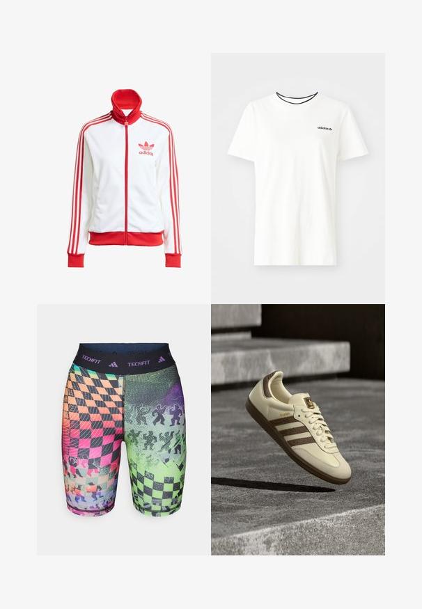 Weißer Trainingsjacke mit roten Akzenten, Vollreißverschluss, hohem Kragen, drei roten Streifen an den Ärmeln und gesticktem roten Adidas-Logo auf der Brust.; Weißes Baumwoll-T-Shirt mit kurzen Ärmeln und rundem Halsausschnitt. Mit einem schwarzen Adidas-Logo auf der Brust und einem kontrastierenden schwarzen Innenkragen.; Adidas Techfit Shorts mit einem mehrfarbigen Schachbrettmuster und geometrischen Designs, aus dehnbarem Stoff mit einem bequemen Bund.; Sneaker in Cremefarbe mit braunen Akzenten, strukturierten seitlichen Streifen und glattem Lederfinish. Verfügt über ein Schnürdesign und eine Gummisohle.