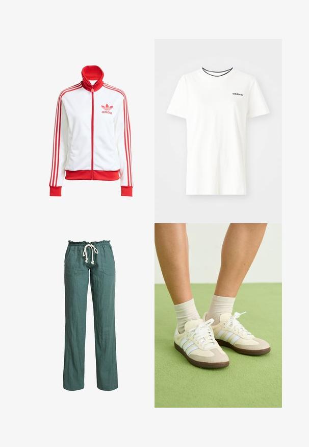 Biała kurtka sportowa z czerwonymi akcentami, na zamek błyskawiczny, wysoki kołnierz, trzy czerwone paski na rękawach oraz haftowane czerwone logo Adidas na piersi.; Biała bawełniana koszulka z krótkim rękawem i okrągłym dekoltem. Ma czarne logo Adidas na piersi oraz kontrastowy czarny wewnętrzny kołnierzyk.; Lekki, zielony lniany materiał z luźnym krojem, elastycznym pasem i sznurkiem, z dwoma bocznymi kieszeniami.; Sneakers Samba w kolorze kremowym i beżowym, z trzema jasnoniebieskimi paskami, białymi sznurówkami i brązowymi gumowymi podeszwami.