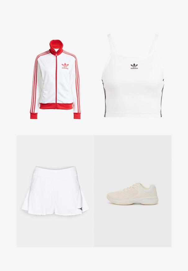 Biela tréningová bunda s červenými akcentmi, plný zips, vysoký golier, tri červené pruhy na rukávoch a vyšívané červené logo Adidas na hrudi.; Biele skrátené tielko s tenkými ramienkami, čierne logo Adidas na hrudi a čierne bočné pruhy. Vyrobené z elastickej, hladkej tkaniny.; Biele športové šortky s rozšíreným dizajnom, s textúrovanou látkou a širokým elastickým pásom. Námořní modrá značka zvýrazňuje spodný okraj.; Svetlo béžová športová obuv s textúrovaným zvrškom, kontrastnými bielymi akcentmi, okrúhlou špičkou a flexibilnou gumovou podrážkou.