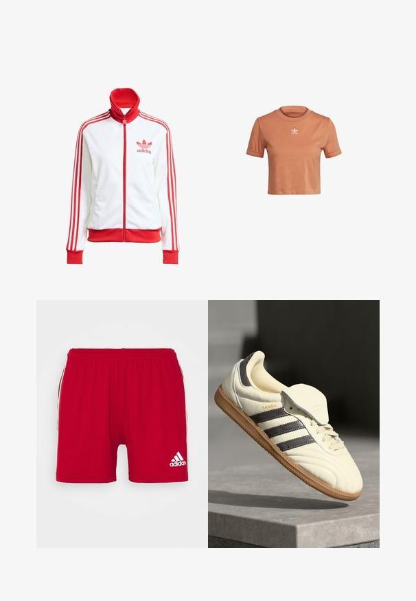 Veste de piste blanche avec des accents rouges, zip intégral, col haut, trois bandes rouges sur les manches et logo Adidas rouge brodé sur la poitrine.; adidas Originals TOP ADICOLOR ORIGINALS REGULAR T-SHIRT - T-shirt imprimé - hazy copper; adidas Performance SQUAD 21 SHO W - Short de sport - team power red/white; Baskets en cuir crème avec trois bandes sombres, une semelle extérieure en gomme marron et un bout arrondi. Présentent une languette pliable étiquetée "SAMBA."