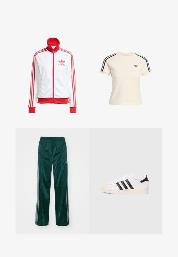 Vit track jacket med röda accenter, hel dragkedja, hög krage, tre röda ränder på ärmarna och broderad röd Adidas-logotyp på bröstet.; Krämfärgad sweatshirt med korta ärmar, svart randig detaljer på axlarna och en liten svart logotyp på bröstet. Mjuk frottétextur.; Mörkgrön idrottsbyxor gjorda av glänsande material, med sidosträck i ljusgrått och en broderad logotyp på vänster ben.; Vit sneaker med svarta texturerade ränder och detaljer; har en gummitåspets, platta skosnören och vaddering runt ankeln.