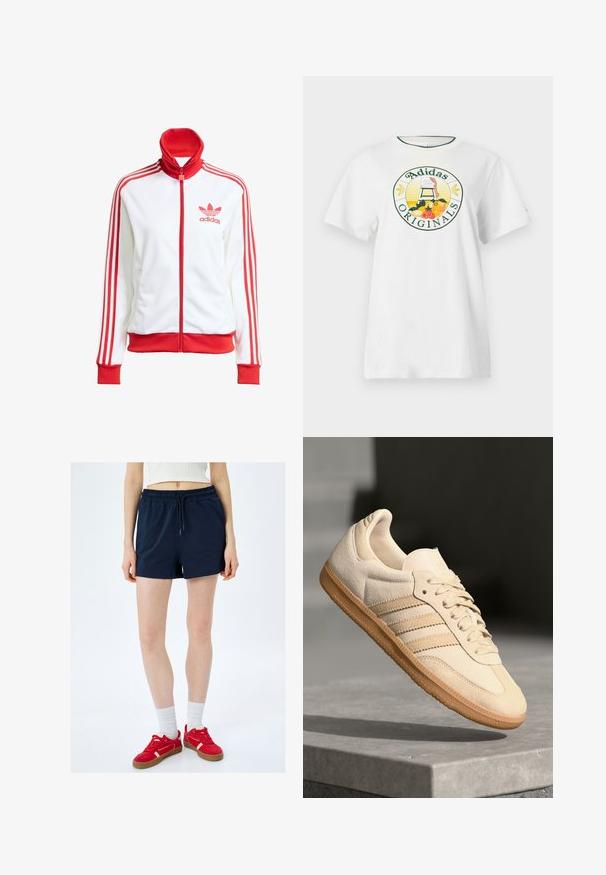 Veste de piste blanche avec des accents rouges, zip intégral, col haut, trois bandes rouges sur les manches et logo Adidas rouge brodé sur la poitrine.; T-shirt en coton blanc à manches courtes, avec un logo graphique rond en vert et jaune, affichant "Adidas Originals" et des motifs de fruits.; Shorts bleu marine avec une taille élastique et un cordon de serrage ; fabriqués en tissu doux avec une texture lisse, présentant des coutures latérales et une coupe décontractée.; Sneaker en suède beige clair avec semelle en gomme, trois rayures diagonales et un capuchon de pied texturé. Logo sur la languette et sur le côté.