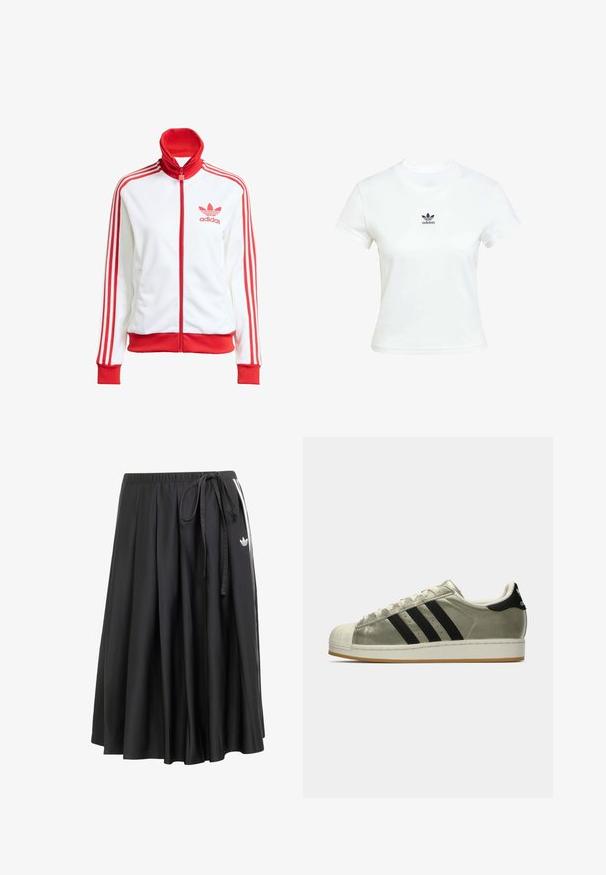Biela tréningová bunda s červenými akcentmi, plný zips, vysoký golier, tri červené pruhy na rukávoch a vyšívané červené logo Adidas na hrudi.; Biela bavlnená tričko s krátkymi rukávmi a okrúhlym výstrihom. Na hrudi je vytlačené čierne logo Adidas. Jednoduchý, minimalistický dizajn.; Čierna midi sukňa s elastickým pásom, bočným viazaním, bielymi pruhmi a logom Adidas trefoil na pravej strane.; Tenisky Adidas s metalickým olivovým zvrškom, tromi čiernymi pruhmi, gumovou špičkou a gumovou podrážkou. Klasický dizajn s textúrovanou tkaninou.