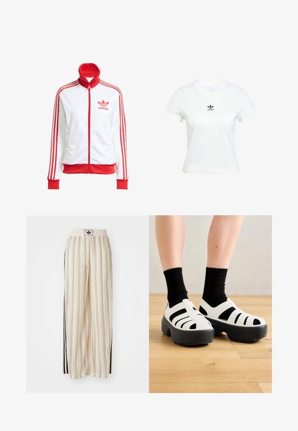 White track jacket with red accents, full zip, high collar, three red stripes on sleeves, and embroidered red Adidas logo on the chest.; White cotton t-shirt with short sleeves and a crew neckline. Features a black Adidas logo printed on the chest. Simple, minimal design.; Cream-colored wide-leg pants with a zigzag pattern, featuring a black logo waistband and side black stripes. Lightweight, textured fabric.; White chunky sandals with black accents, featuring multiple cut-outs and a thick black sole. A textured material covers the toe and sides.