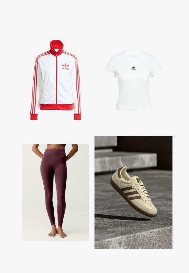 Bílá sportovní bunda na zip s červenými akcenty, vysoký límec, tři červené pruhy na rukávech a vyšitým červeným logem Adidas na hrudi.; Bílá bavlněná tričko s krátkými rukávy a kulatým výstřihem. Na hrudi se nachází černé logo Adidas. Jednoduchý, minimalistický design.; Bordové legíny vyrobené z elastického materiálu s vysokým žebrovaným pasem, zdobené žebrovanými detaily na lýtkách a hladkým povrchem.; Teniska v krémové barvě s hnědými akcenty, texturovanými bočními pruhy a hladkým koženým povrchem. Má šněrování a gumovou podrážku.