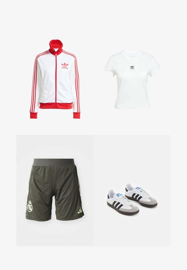Bijela sportska jakna s crvenim detaljima, puna zatvarač, visoki ovratnik, tri crvene pruge na rukavima i vezeni crveni Adidas logo na prsima.; Bjela pamučna majica kratkih rukava s okruglim izrezom. Ima crni Adidas logo otisnut na prsima. Jednostavan, minimalistički dizajn.; Tamnozelene atletske kratke hlače s elastičnim pojasom, sa bočnim džepovima i svijetlozelenim logotipom na donjoj lijevoj nozi.; Sportske cipele s gornjištem od bijele kože, sivi suedinasti nos i tri crne pruge. Imaju plavi logo na jeziku i teksturiranu gumenu podlogu.