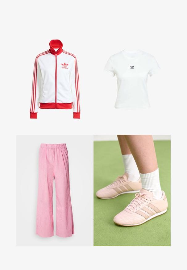 Biela tréningová bunda s červenými akcentmi, plný zips, vysoký golier, tri červené pruhy na rukávoch a vyšívané červené logo Adidas na hrudi.; Biela bavlnená tričko s krátkymi rukávmi a okrúhlym výstrihom. Na hrudi je vytlačené čierne logo Adidas. Jednoduchý, minimalistický dizajn.; Ružové nohavice s širokými nohavicami a vertikálnymi bielymi pruhmi, elastický pás, ľahký materiál a voľný strih pre pohodlie.; Svetloružové športové topánky s diagonálnym šitím, bielymi podrážkami a tromi bočnými pruhmi. Nosené s rebrovanými bielymi ponožkami na zelenej ploche.