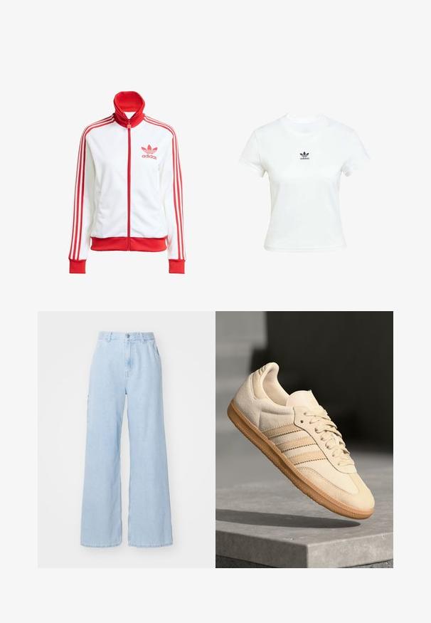 Vit track jacket med röda accenter, hel dragkedja, hög krage, tre röda ränder på ärmarna och broderad röd Adidas-logotyp på bröstet.; Vit bomullströja med korta ärmar och rundad halsringning. Har en svart Adidas-logga tryckt på bröstet. Enkel, minimal design.; Ljusblå vida jeans i denim, med framfickor, bältesöglor och knappstängning. Platt textur och ren finish.; Ljusbeige mockasneaker med gummisula, tre diagonala ränder och en texturerad tåhuvud. Har logotyp på tungan och sidan.