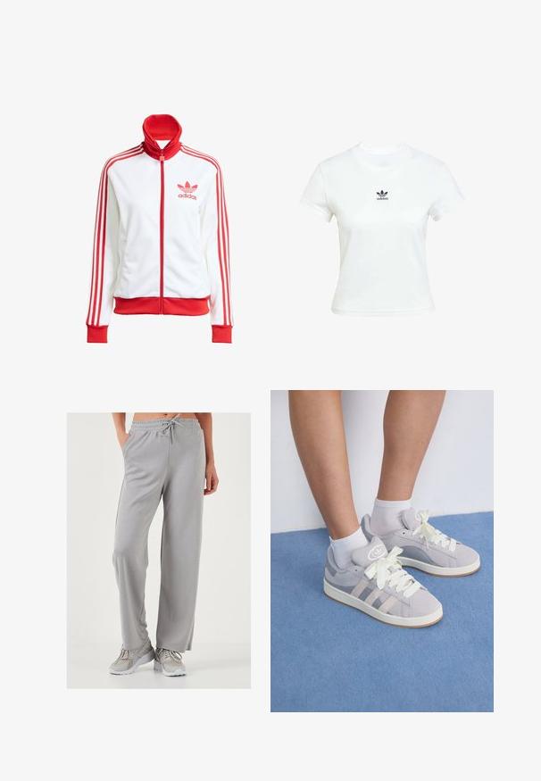 Bijela sportska jakna s crvenim detaljima, puna zatvarač, visoki ovratnik, tri crvene pruge na rukavima i vezeni crveni Adidas logo na prsima.; Bjela pamučna majica kratkih rukava s okruglim izrezom. Ima crni Adidas logo otisnut na prsima. Jednostavan, minimalistički dizajn.; Svijetlosive široke dukserice od mekog, glatkog materijala; sadrži elastičnu traku u struku s vezicom i bočne džepove.; Sivi velur tenisice s bijelim vezicama i gumenim potplatom, sa tri dijagonalne pruge sa strane i oznakom na jeziku.
