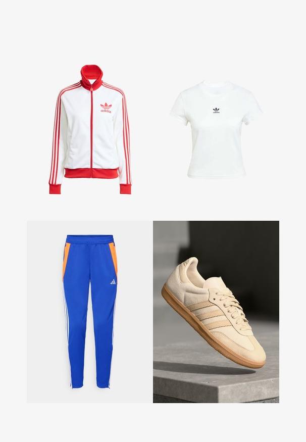Giacca da track bianca con accenti rossi, zip completa, colletto alto, tre strisce rosse sulle maniche e logo Adidas rosso ricamato sul petto.; T-shirt di cotone bianca con maniche corte e scollo rotondo. Presenta un logo Adidas nero stampato sul petto. Design semplice e minimale.; Pantaloni sportivi blu con pannelli laterali arancioni, strisce bianche lungo i lati, vita elasticizzata e orli con zip. Logo Adidas presente.; Sneaker in suede beige chiaro con suola in gomma, tre strisce diagonali e punta con texture. Presenta il logo sulla linguetta e sul lato.