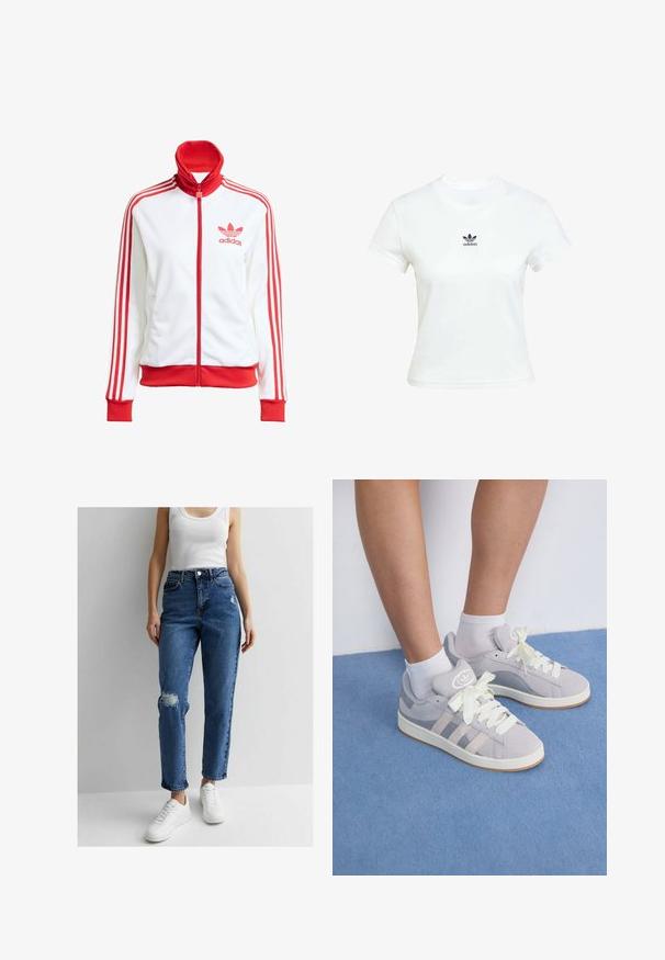 Vit track jacket med röda accenter, hel dragkedja, hög krage, tre röda ränder på ärmarna och broderad röd Adidas-logotyp på bröstet.; Vit bomullströja med korta ärmar och rundad halsringning. Har en svart Adidas-logga tryckt på bröstet. Enkel, minimal design.; Blå högmidjade denimjeans med avslappnad passform, som har slitna områden vid knäna och avslutas med en klassisk femficksdesign.; Grå mockaskor med vita snören och gummisula, med tre diagonala ränder på sidan och en logotyp-patch på tungan.