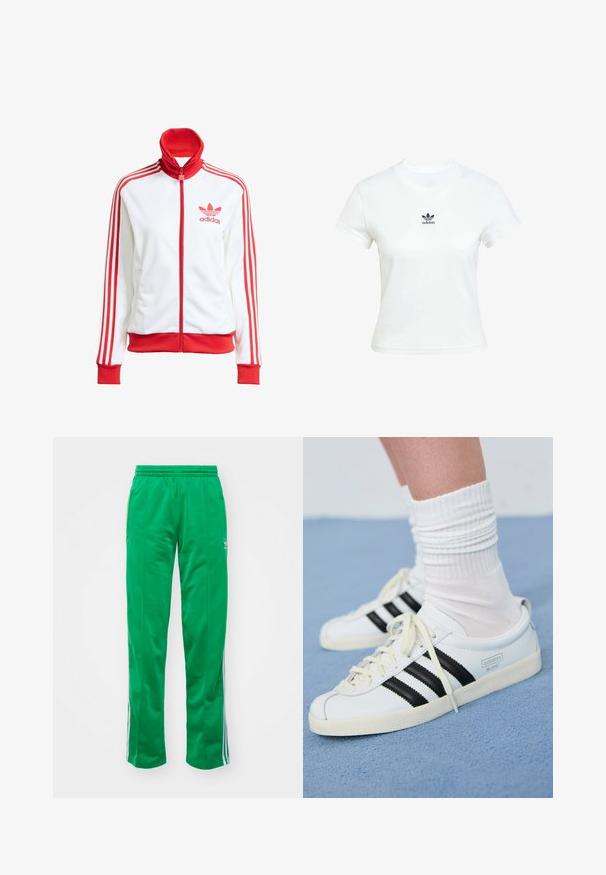 White track jacket with red accents, full zip, high collar, three red stripes on sleeves, and embroidered red Adidas logo on the chest.; White cotton t-shirt with short sleeves and a crew neckline. Features a black Adidas logo printed on the chest. Simple, minimal design.; Green, athletic pants made from a smooth material; features an elastic waistband and white striped accents on the sides.; White leather sneakers with black stripes, cream outsole, and light laces. Worn with white ribbed socks, positioned on blue background.
