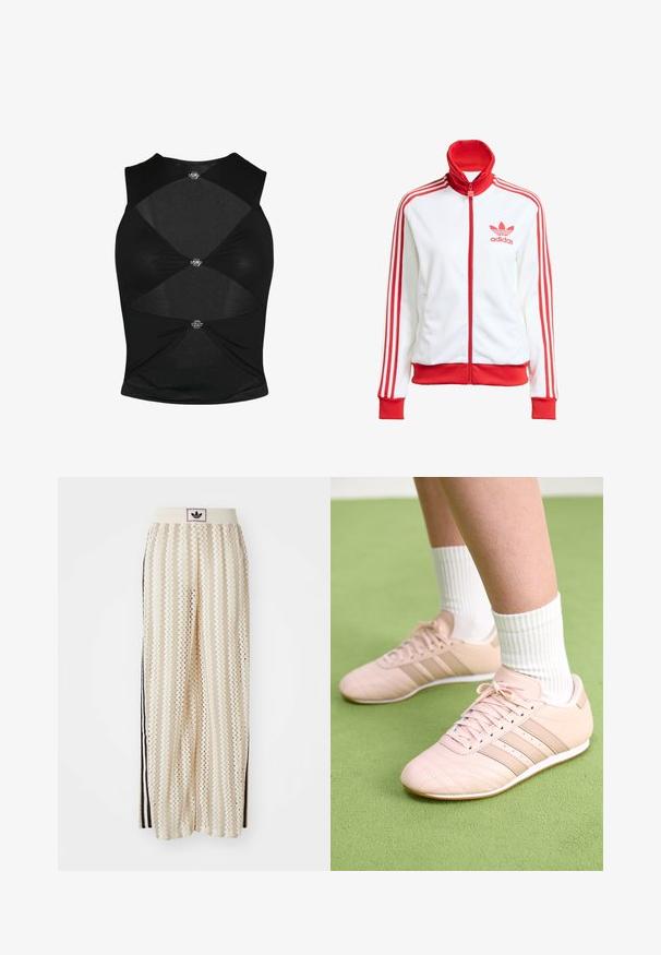White track jacket with red accents, full zip, high collar, three red stripes on sleeves, and embroidered red Adidas logo on the chest.; Black sleeveless top with a fitted design. Features cut-out sections and decorative metallic hardware at the center and sides. Soft texture.; Cream-colored wide-leg pants with a zigzag pattern, featuring a black logo waistband and side black stripes. Lightweight, textured fabric.; Light pink athletic shoes with diagonal stitching, white soles, and three lateral stripes. Worn with ribbed white socks on green surface.