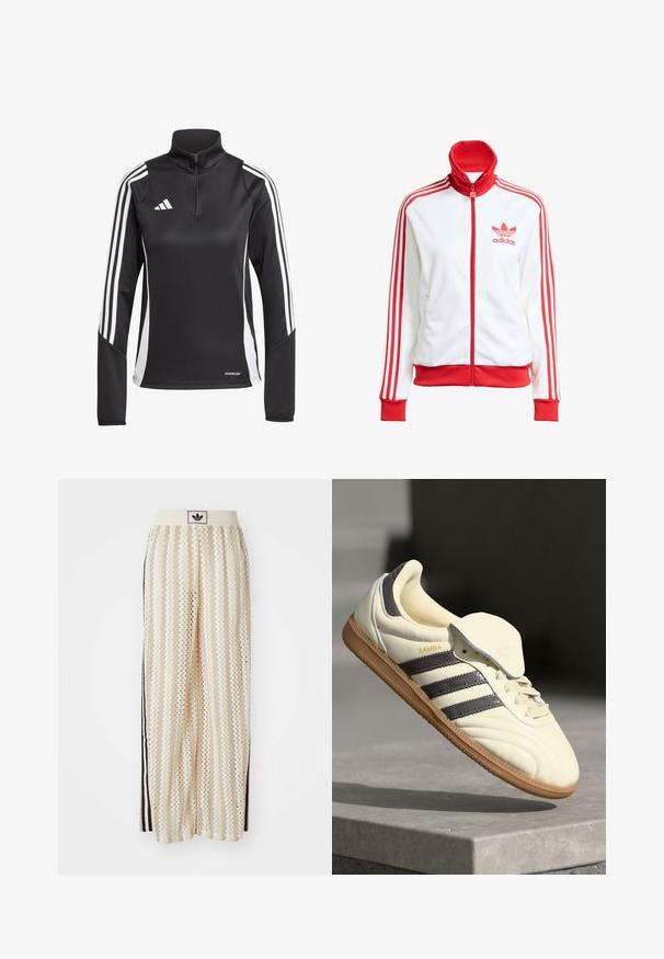 Chaqueta de pista blanca con acentos rojos, cremallera completa, alta, tres franjas rojas en las mangas y logo bordado en rojo de Adidas en el pecho.; Camiseta deportiva negra de manga larga con cremallera en el cuello, que presenta rayas blancas en los hombros y el texto "AEROREADY" en el bajo.; Pantalones de pierna ancha en color crema con un patrón en zigzag, que cuentan con una cinturilla con logo negro y franjas negras en los laterales. Tejido ligero y texturizado.; Zapatilla de cuero crema con tres rayas oscuras, suela de goma marrón y punta redondeada. Cuenta con una lengüeta plegable etiquetada como "SAMBA".