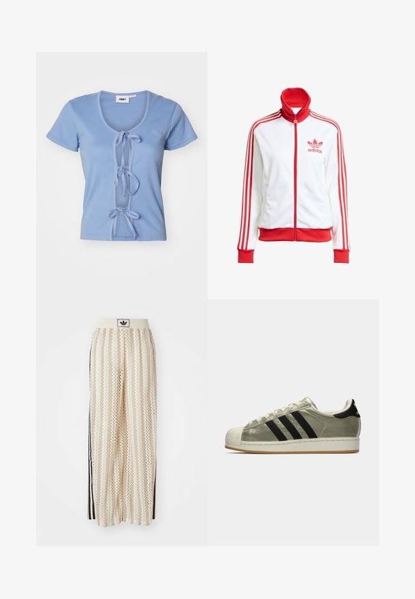 Biela tréningová bunda s červenými akcentmi, plný zips, vysoký golier, tri červené pruhy na rukávoch a vyšívané červené logo Adidas na hrudi.; Svetlomodré rebrované tričko s krátkymi rukávmi, s hlbokým výstrihom do V a prednými viazaniami na úpravu. Názov značky je vyšitý na hrudi.; Béžové nohavice s širokými nohavicami a zigzagovými vzormi, s čiernym logom na páse a bočnými čiernymi pruhmi. Ľahká, textúrovaná látka.; Tenisky Adidas s metalickým olivovým zvrškom, tromi čiernymi pruhmi, gumovou špičkou a gumovou podrážkou. Klasický dizajn s textúrovanou tkaninou.