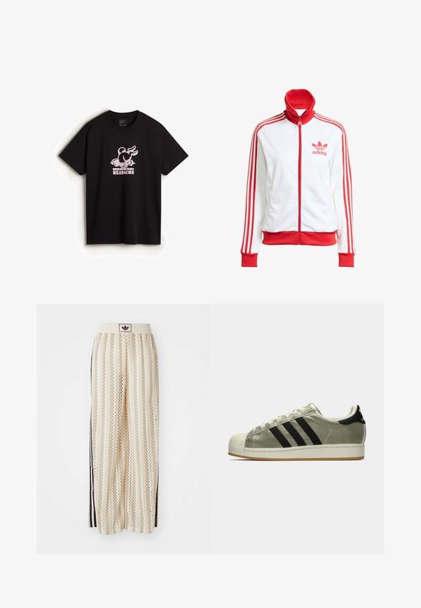Weißer Trainingsjacke mit roten Akzenten, Vollreißverschluss, hohem Kragen, drei roten Streifen an den Ärmeln und gesticktem roten Adidas-Logo auf der Brust.; Vans DOWN THE RABBIT HOLE - T-Shirt print - black; Cremfarbene, weit geschnittene Hosen mit einem Zickzackmuster, ausgestattet mit einem schwarzen Logo-Bund und seitlichen schwarzen Streifen. Leichter, strukturierter Stoff.; Adidas Sneaker mit einem metallischen Oliven-Obermaterial, drei schwarzen Streifen, Gummizehenspitze und einer Gummisohle. Klassisches Design mit strukturiertem Stoff.