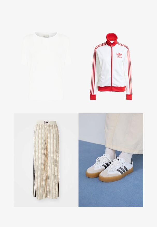 White track jacket with red accents, full zip, high collar, three red stripes on sleeves, and embroidered red Adidas logo on the chest.; White short-sleeve t-shirt made of soft cotton, featuring a round neckline and a relaxed fit, with no visible patterns or accents.; Cream-colored wide-leg pants with a zigzag pattern, featuring a black logo waistband and side black stripes. Lightweight, textured fabric.; White sneakers with black stripes and beige suede accents. Feature a textured gum sole and flat white laces, worn with light-colored socks.