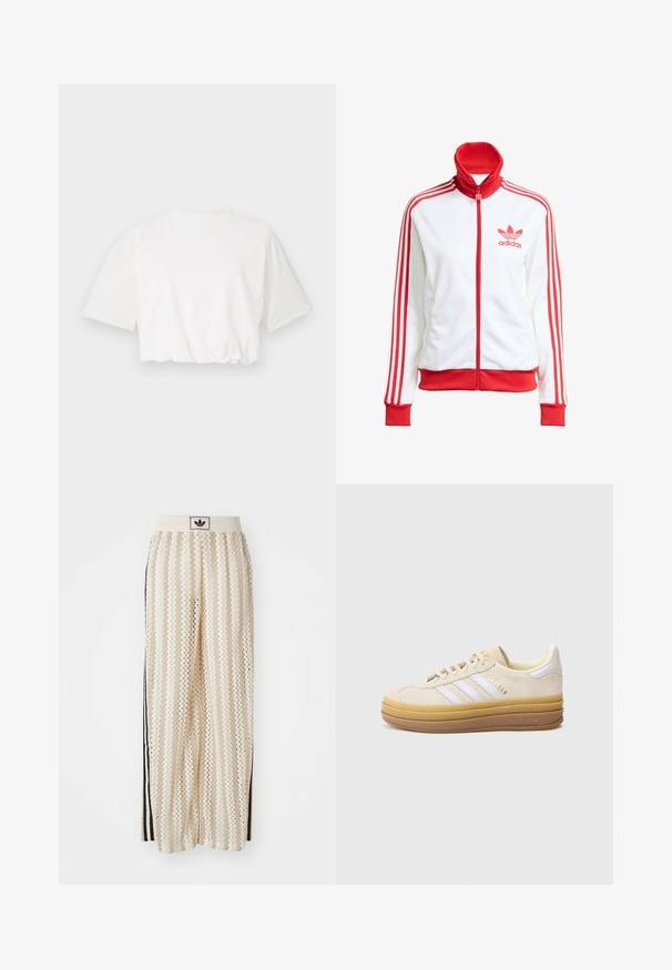 Bijela sportska jakna s crvenim detaljima, puna zatvarač, visoki ovratnik, tri crvene pruge na rukavima i vezeni crveni Adidas logo na prsima.; Bijela skraćena majica s kratkim napuhanim rukavima, okruglim izrezom i nabranim donjim rubom, izrađena od mekanog pamučnog materijala.; Pantalone širokog kroja krem boje s zigzag uzorkom, koji sadrži sivi pojas s crnim logotipom i bočne crne pruge. Lagani, teksturirani materijal.; Bež kožni tenisic s tri bijele pruge, teksturiranim braon potplatom i zlatnim logotipom. Ima zaobljeni vrh i mekani obloženi rub.