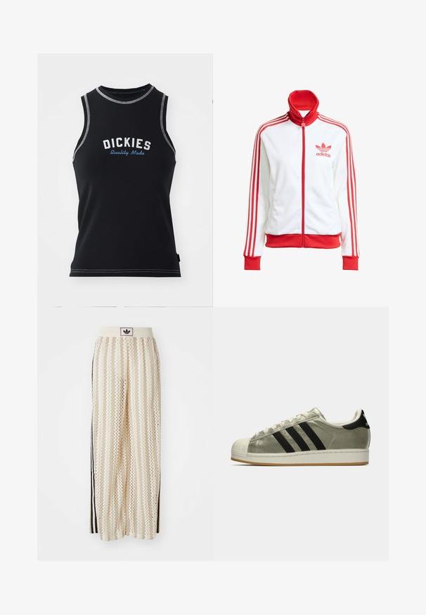 White track jacket with red accents, full zip, high collar, three red stripes on sleeves, and embroidered red Adidas logo on the chest.; Black sleeveless tank top with gray stitching. Features "DICKIES" logo in white and blue. Made from a smooth, stretchy fabric.; Cream-colored wide-leg pants with a zigzag pattern, featuring a black logo waistband and side black stripes. Lightweight, textured fabric.; Adidas sneakers with a metallic olive upper, three black stripes, rubber toe cap, and a gum outsole. Classic design with textured fabric.