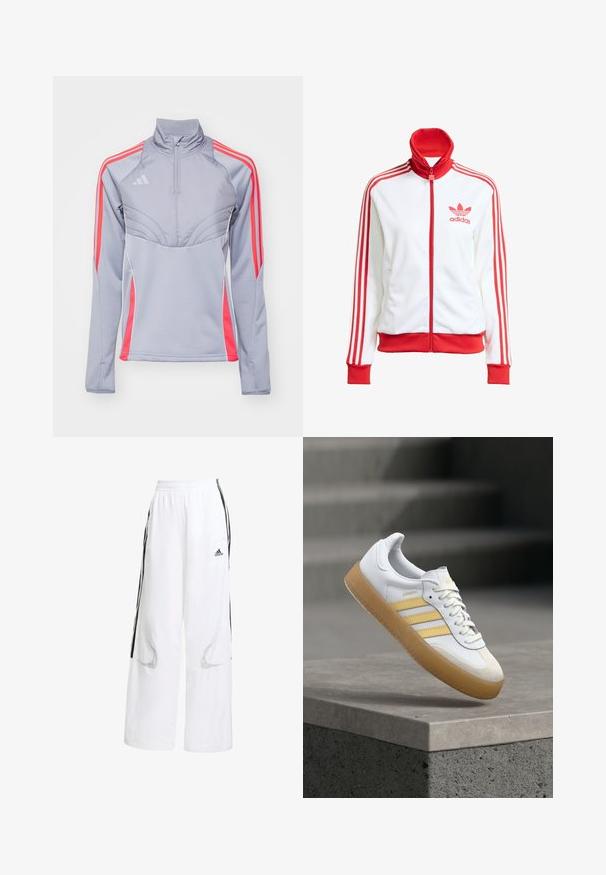 Chaqueta de pista blanca con acentos rojos, cremallera completa, alta, tres franjas rojas en las mangas y logo bordado en rojo de Adidas en el pecho.; Chaqueta deportiva gris claro con acentos en rosa, cuello alto y cremallera en el frente. Presenta tres rayas en cada manga y un diseño texturizado.; Pantalones deportivos blancos de corte holgado, con franjas laterales negras, cinturilla elástica y recortes de malla para ventilación.; Zapatilla de cuero blanco con acentos amarillos, tres rayas y suela de goma color caramelo. Presenta una punta redondeada y una lengüeta texturizada.
