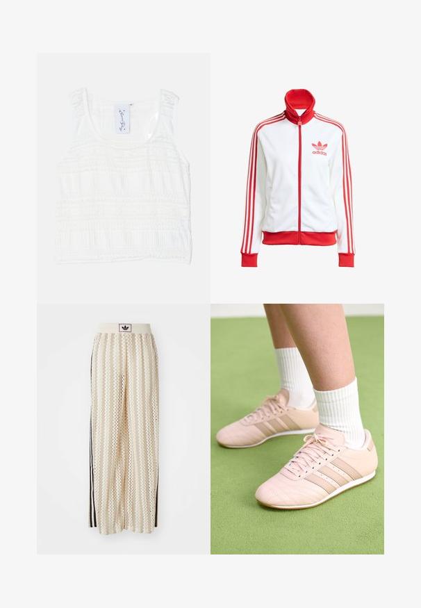 White track jacket with red accents, full zip, high collar, three red stripes on sleeves, and embroidered red Adidas logo on the chest.; White sleeveless top with textured fabric, featuring horizontal stripe patterns. Adjustable straps and a round neckline with detailed stitching.; Cream-colored wide-leg pants with a zigzag pattern, featuring a black logo waistband and side black stripes. Lightweight, textured fabric.; Light pink athletic shoes with diagonal stitching, white soles, and three lateral stripes. Worn with ribbed white socks on green surface.