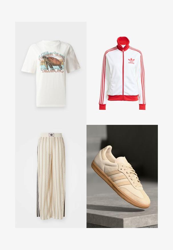 White track jacket with red accents, full zip, high collar, three red stripes on sleeves, and embroidered red Adidas logo on the chest.; White cotton t-shirt featuring a graphic design of a turtle and mountains, with text "Visit the Hawaiian Islands Billabong" in colorful lettering.; Cream-colored wide-leg pants with a zigzag pattern, featuring a black logo waistband and side black stripes. Lightweight, textured fabric.; Light beige suede sneaker with gum outsole, three diagonal stripes, and a textured toe cap. Features logo on the tongue and side.