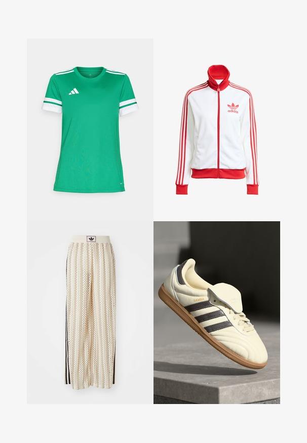 Bílá sportovní bunda na zip s červenými akcenty, vysoký límec, tři červené pruhy na rukávech a vyšitým červeným logem Adidas na hrudi.; Zelené sportovní tričko z lehkého materiálu má kulatý výstřih, bílé proužkované rukávy a logo v levém horním rohu.; Krémové široké kalhoty s cikcak vzorem, s černým logem na pásu a černými pruhy po stranách. Lehčí, texturovaná tkanina.; Krémové kožené tenisky se třemi tmavými pruhy, hnědou gumovou podrážkou a zaoblenou špičkou. Mají skládací jazyk s nápisem "SAMBA."