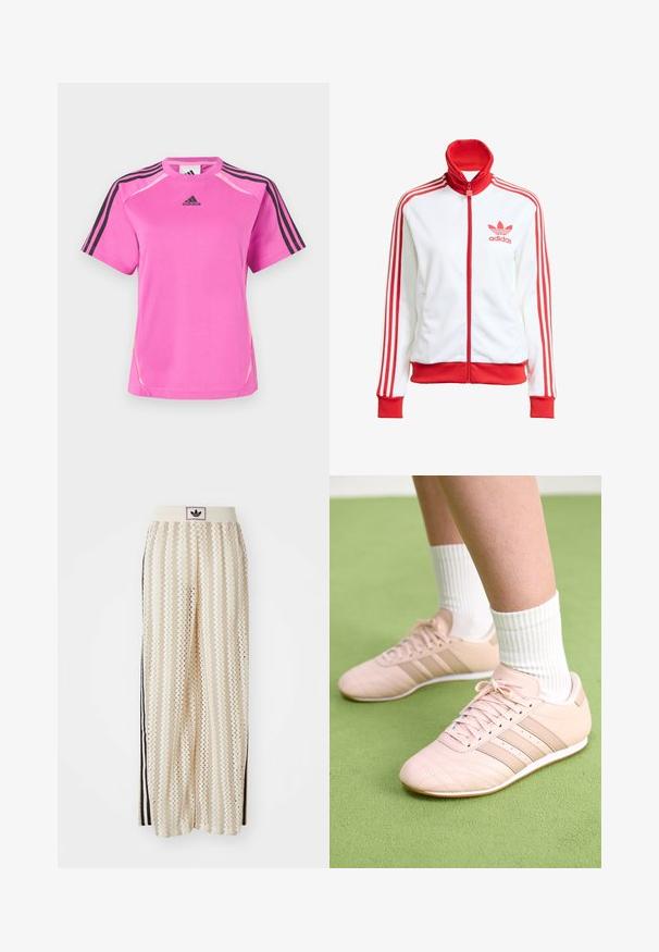 Bijela sportska jakna s crvenim detaljima, puna zatvarač, visoki ovratnik, tri crvene pruge na rukavima i vezeni crveni Adidas logo na prsima.; Svetlo ružičasta Adidas sportska majica s crnim trostrukim detaljima na rukavima i crnim Adidas logom na prsima.; Pantalone širokog kroja krem boje s zigzag uzorkom, koji sadrži sivi pojas s crnim logotipom i bočne crne pruge. Lagani, teksturirani materijal.; Svijetloružičaste atletske tenisice s dijagonalnim šavovima, bijelim potplatima i tri bočne pruge. Nanosene s rebrastim bijelim čarapama na zelenoj površini.