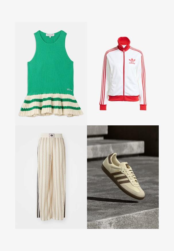White track jacket with red accents, full zip, high collar, three red stripes on sleeves, and embroidered red Adidas logo on the chest.; Green ribbed tank top with a flared cream knit hem featuring green stripes. Logo stitched on the front near the hem.; Cream-colored wide-leg pants with a zigzag pattern, featuring a black logo waistband and side black stripes. Lightweight, textured fabric.; Cream-colored sneaker with brown accents, textured side stripes, and a smooth leather finish. Features a lace-up design and rubber sole.