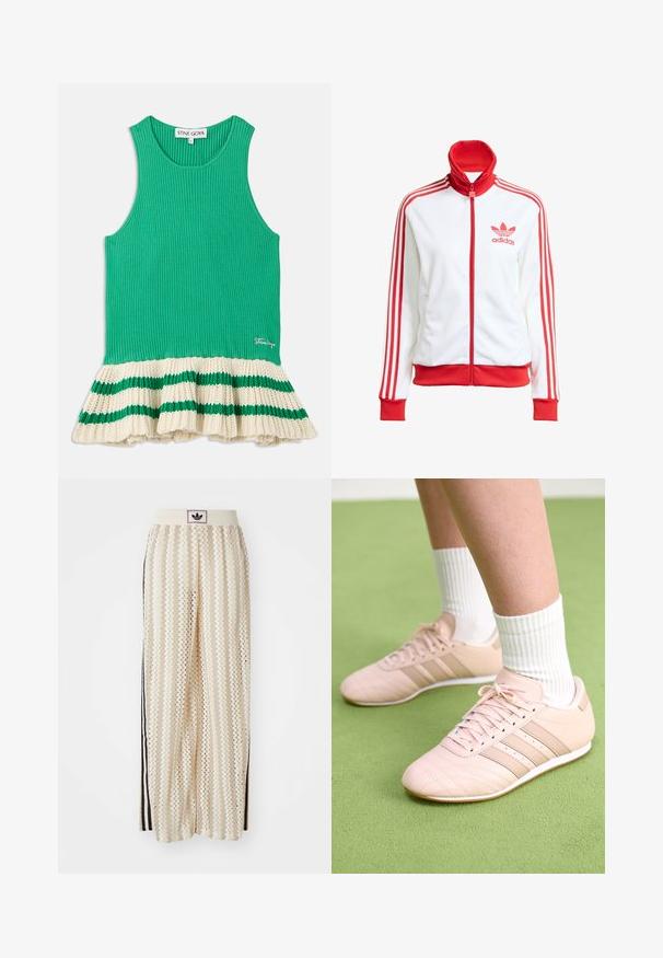 White track jacket with red accents, full zip, high collar, three red stripes on sleeves, and embroidered red Adidas logo on the chest.; Green ribbed tank top with a flared cream knit hem featuring green stripes. Logo stitched on the front near the hem.; Cream-colored wide-leg pants with a zigzag pattern, featuring a black logo waistband and side black stripes. Lightweight, textured fabric.; Light pink athletic shoes with diagonal stitching, white soles, and three lateral stripes. Worn with ribbed white socks on green surface.