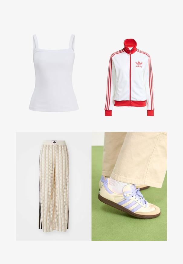 Bijela sportska jakna s crvenim detaljima, puna zatvarač, visoki ovratnik, tri crvene pruge na rukavima i vezeni crveni Adidas logo na prsima.; Bijela rebrasta majica bez rukava s uskim naramenicama i prilagođenim siluetom, napravljena od mekog pamučnog materijala. Bez uzoraka ili ukrasa.; Pantalone širokog kroja krem boje s zigzag uzorkom, koji sadrži sivi pojas s crnim logotipom i bočne crne pruge. Lagani, teksturirani materijal.; Kremasto-ljubičaste tenisice s tri pruge i strukturiranim smeškim potplatom, s vezicama i podstavljenim petom. Mekana gornja tkanina.
