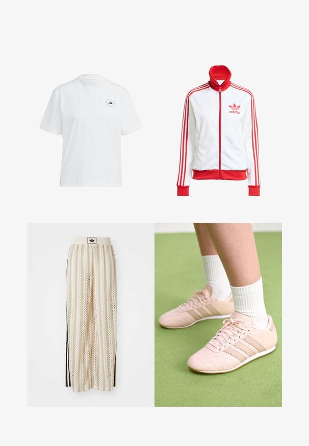 White track jacket with red accents, full zip, high collar, three red stripes on sleeves, and embroidered red Adidas logo on the chest.; White cotton t-shirt with a round neckline and short sleeves. Features a small black logo on the left chest. Solid color, smooth texture.; Cream-colored wide-leg pants with a zigzag pattern, featuring a black logo waistband and side black stripes. Lightweight, textured fabric.; Light pink athletic shoes with diagonal stitching, white soles, and three lateral stripes. Worn with ribbed white socks on green surface.