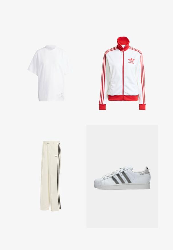 Giacca da track bianca con accenti rossi, zip completa, colletto alto, tre strisce rosse sulle maniche e logo Adidas rosso ricamato sul petto.; T-shirt bianco in cotone con maniche corte, collo rotondo e vestibilità rilassata. Dettaglio notevole: piccolo logo grafico nero sull'orlo.; Pantaloni a gamba larga color crema con doppie strisce laterali nere, pieghe davanti e un piccolo logo nero sulla coscia sinistra.; Sneaker Adidas Superstar bianco con tre strisce nere, lacci allacciati, punta in gomma e logo Adidas sulla linguetta del tallone, mostrato in vista laterale.