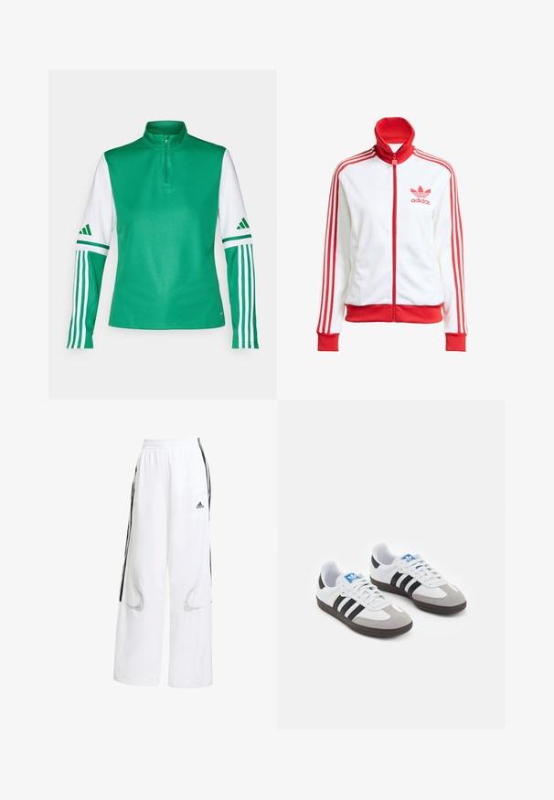 Weißer Trainingsjacke mit roten Akzenten, Vollreißverschluss, hohem Kragen, drei roten Streifen an den Ärmeln und gesticktem roten Adidas-Logo auf der Brust.; Grünes Polyester-Sportoberteil mit hohem Kragen, halber Reißverschluss, weißen Ärmeln und drei weißen Streifen auf jedem Ärmel.; Weiße Sporthose mit lockerer Passform, schwarzer Seitenstreifen, elastischem Bund und Mesh-Einschnitten für Belüftung.; Sportschuhe mit einem Obermaterial aus weißem Leder, grauer Wildleder-Zehenkappe und drei schwarzen Streifen. Sie verfügen über ein blaues Logo auf der Zunge und eine strukturierte Gummisohle.