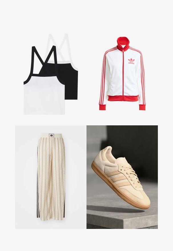 White track jacket with red accents, full zip, high collar, three red stripes on sleeves, and embroidered red Adidas logo on the chest.; Two cotton crop tops, one white and one black, feature cross-back straps and a ribbed texture. Each has contrasting trim along edges.; Cream-colored wide-leg pants with a zigzag pattern, featuring a black logo waistband and side black stripes. Lightweight, textured fabric.; Light beige suede sneaker with gum outsole, three diagonal stripes, and a textured toe cap. Features logo on the tongue and side.