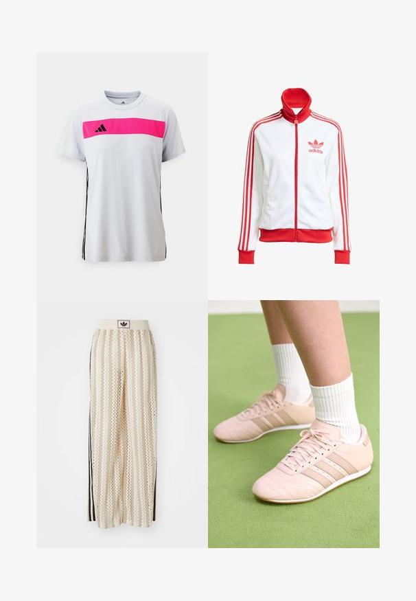 Biała kurtka sportowa z czerwonymi akcentami, na zamek błyskawiczny, wysoki kołnierz, trzy czerwone paski na rękawach oraz haftowane czerwone logo Adidas na piersi.; Biała koszulka sportowa z różowym poziomym paskiem na klatce piersiowej, czarnym logo adidas i czarnymi akcentami po bokach. Krótkie rękawy, dekolt okrągły.; Kremowe szerokie spodnie w stylu palazzo z wzorem w zygzak, z czarnym paskiem z logo oraz bocznymi czarnymi paskami. Lekki, teksturowany materiał.; Jasnoróżowe buty sportowe z ukośnym przeszyciem, białymi podeszwami i trzema bocznymi paskami. Noszone z prążkowanymi białymi skarpetami na zielonej powierzchni.