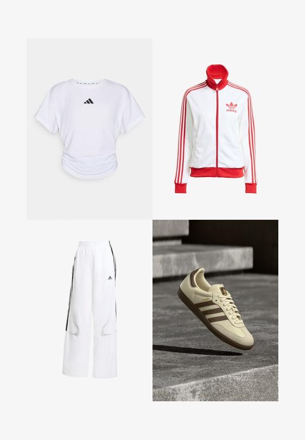 White track jacket with red accents, full zip, high collar, three red stripes on sleeves, and embroidered red Adidas logo on the chest.; White short-sleeve T-shirt with a round neckline, featuring a black Adidas logo on the upper chest and a gathered texture at the waist.; White athletic pants with a loose fit, featuring black side stripes, elastic waistband, and mesh cutouts for ventilation.; Cream-colored sneaker with brown accents, textured side stripes, and a smooth leather finish. Features a lace-up design and rubber sole.