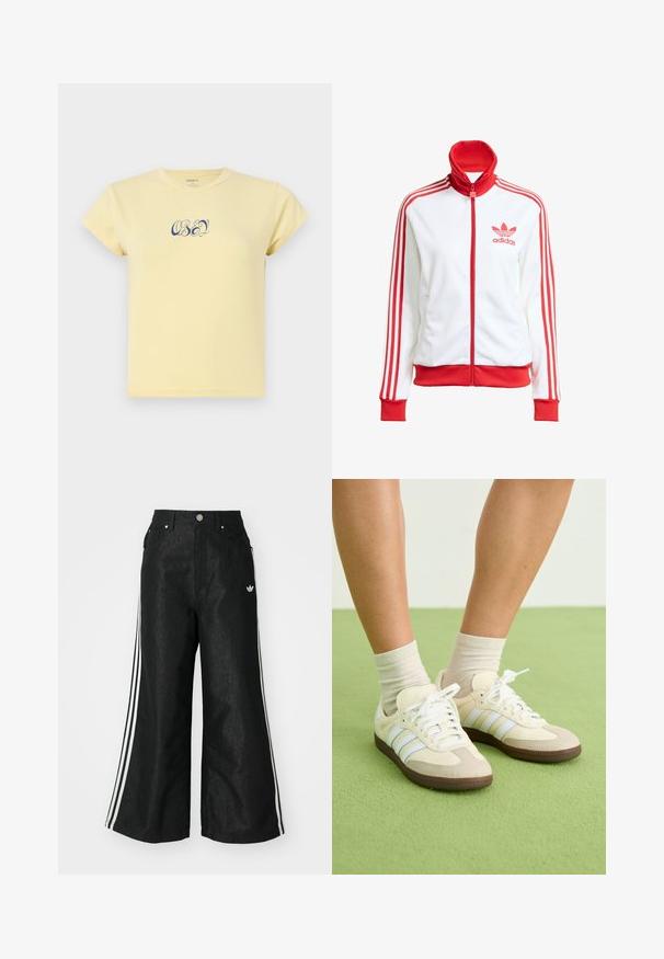 Chaqueta de pista blanca con acentos rojos, cremallera completa, alta, tres franjas rojas en las mangas y logo bordado en rojo de Adidas en el pecho.; Camiseta de algodón amarilla con cuello redondo y mangas cortas, que presenta un logo de texto azul "OBEY" en una fuente decorativa en la parte frontal.; Pantalones de denim anchos y negros con tres franjas blancas en cada lado y un pequeño logo blanco. Cuenta con bolsillos frontales y un cierre de botón.; Zapatillas Samba con un esquema de colores crema y beige, que presentan tres rayas azul claro, cordones blancos y suelas de goma marrón.